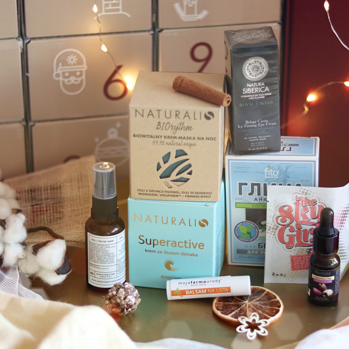 kalendarz adwentowy Nati | olej opuncja | glinka Fitokosmetik | Naturalis krem Superactive | Natura SIberica krem pod oczy Caviar | peeling be the sky girl | balsam Moja farma urody